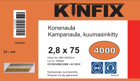 KINFIX KONENAULA 34AST 75X2.9 KUUMAS KAM - 34-asteiset kuumasinkityt konenaulat - 78305152 - 1